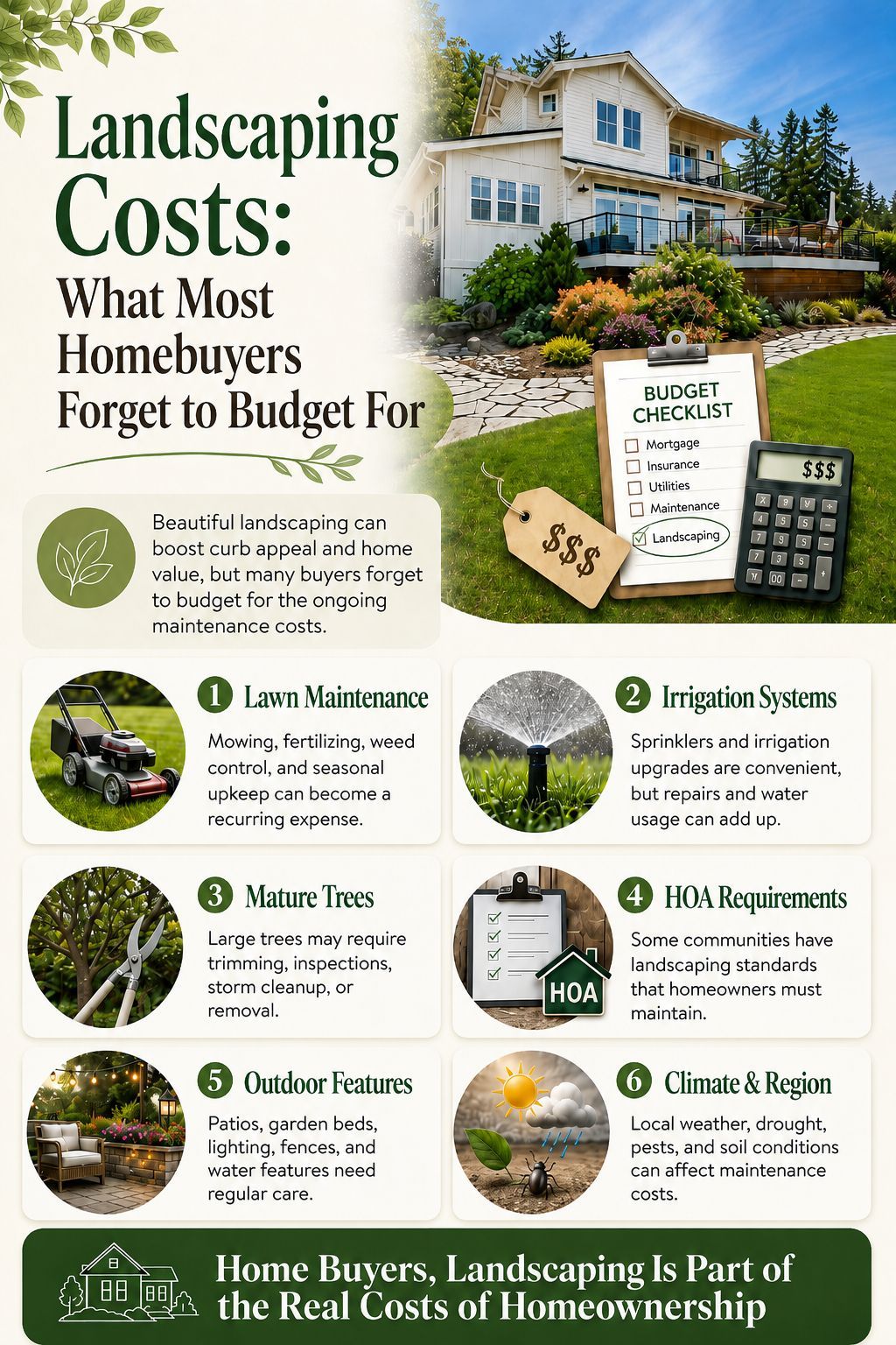 Infographic on landscaping costs, with lawn care, tree, irrigation, outdoor living, climate, and budget notes.