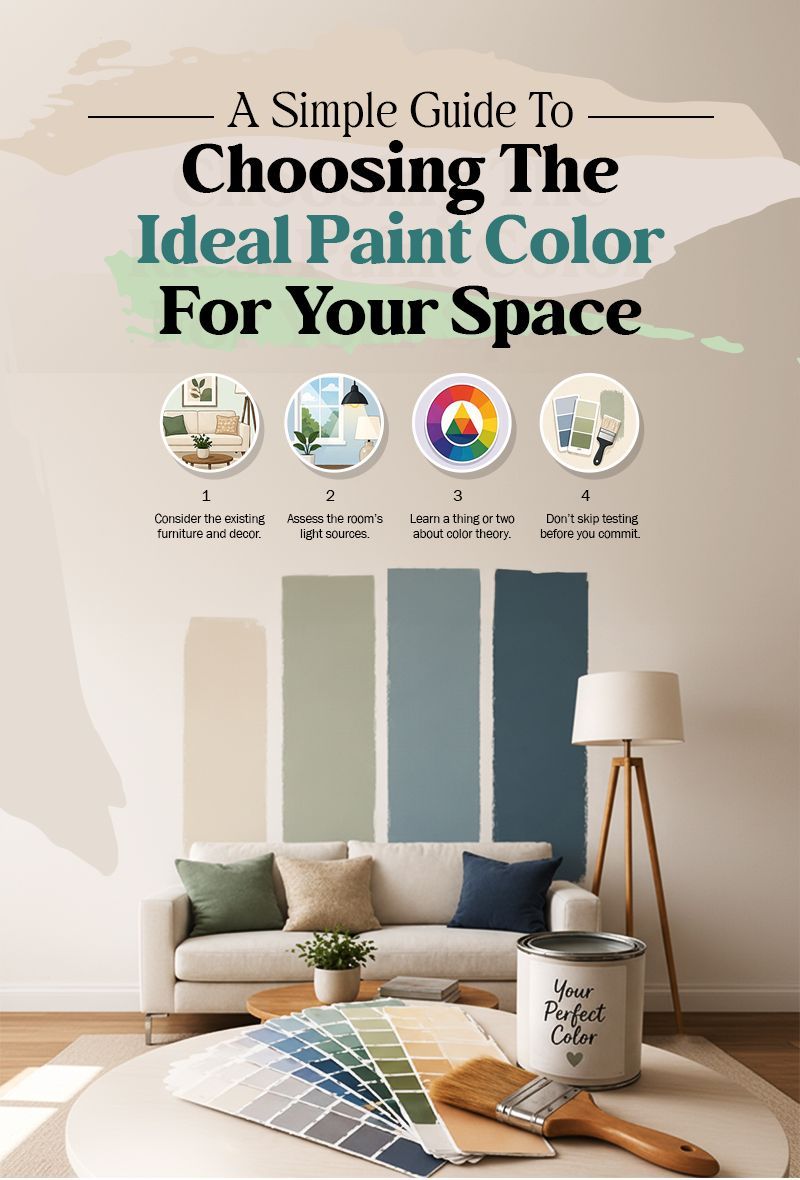 Guide to choosing ideal paint colors, with swatches and a living room sofa display