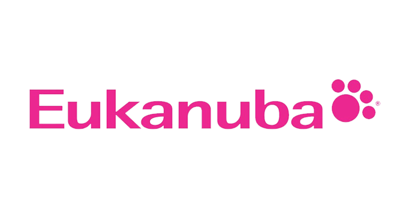 Logotipo de Eukanuba en rosa con un icono de huella de pata sobre fondo blanco.