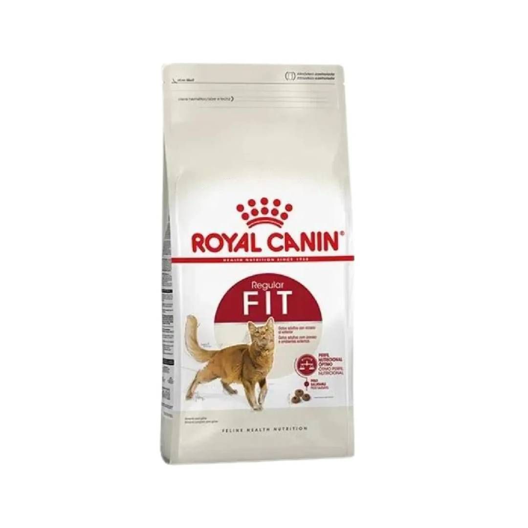 Bolsa de comida para gatos Royal Canin Fit con ilustración de un gato sobre fondo blanco.