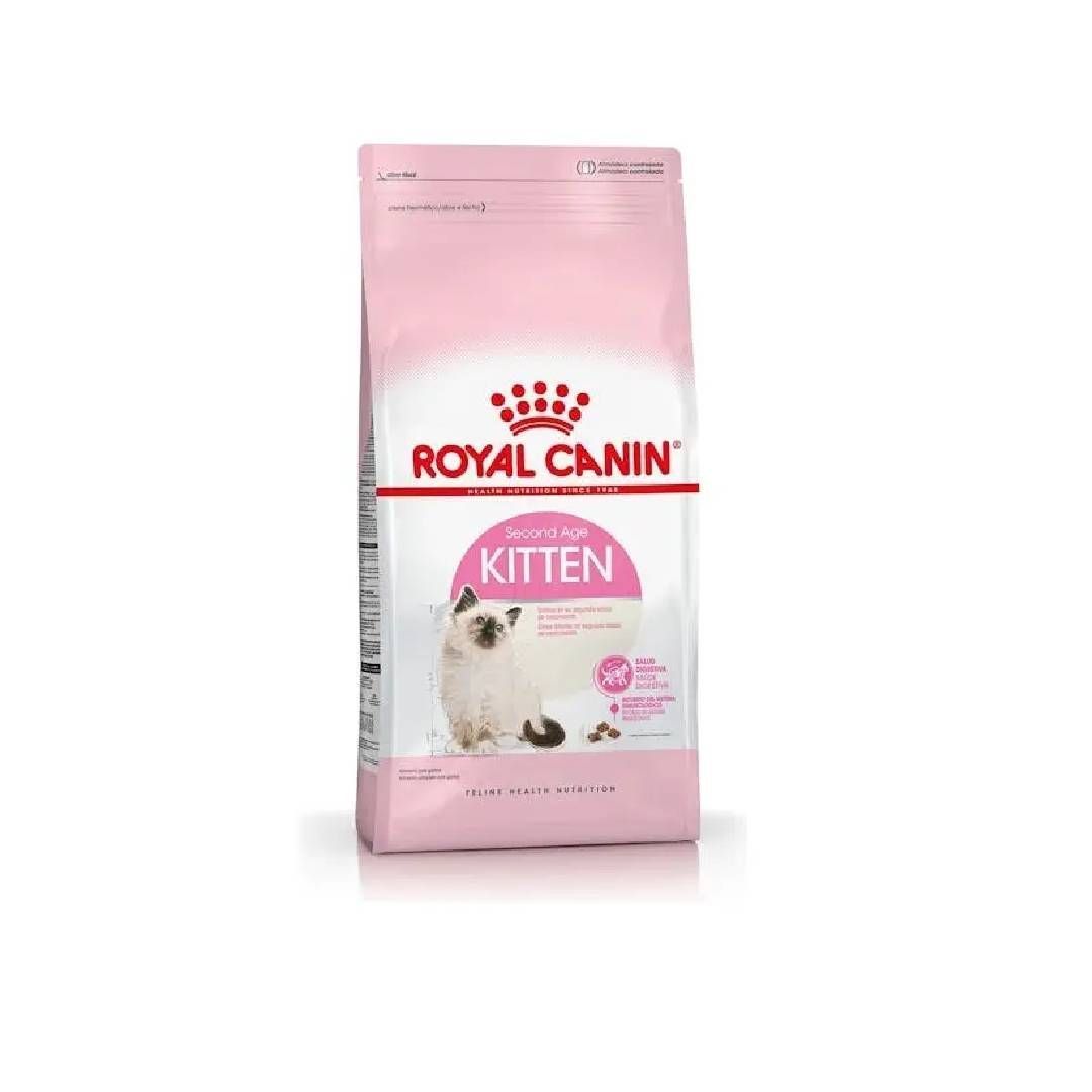 Bolsa rosa de comida para gatitos Royal Canin con un gato blanco en la parte delantera.
