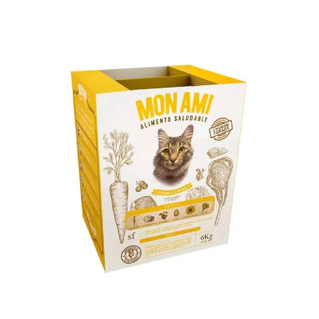 Caja amarilla de comida para gatos MON AMI con retrato e ilustraciones de un gato.