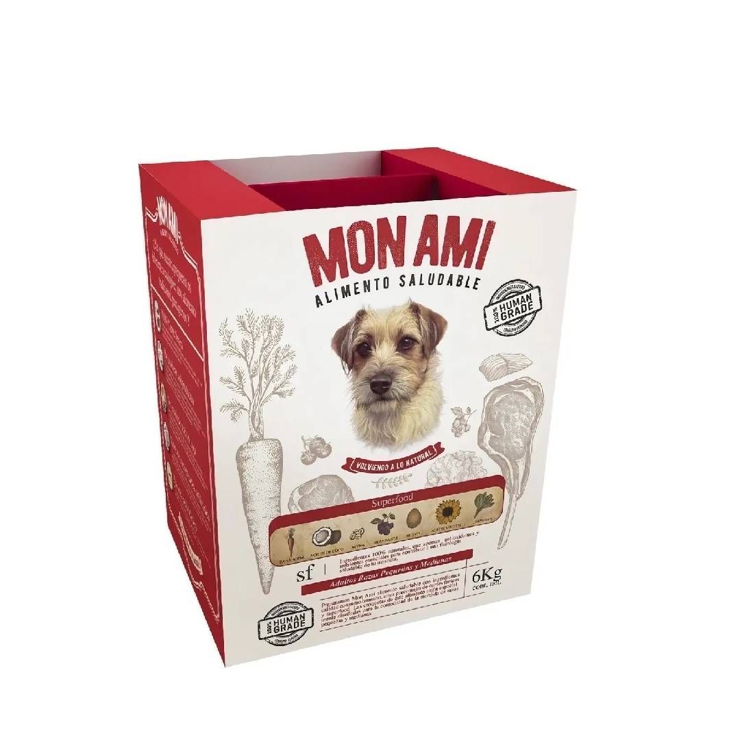 Caja de comida para perros Mon Ami roja y blanca con la foto de un perro pequeño en la parte frontal.