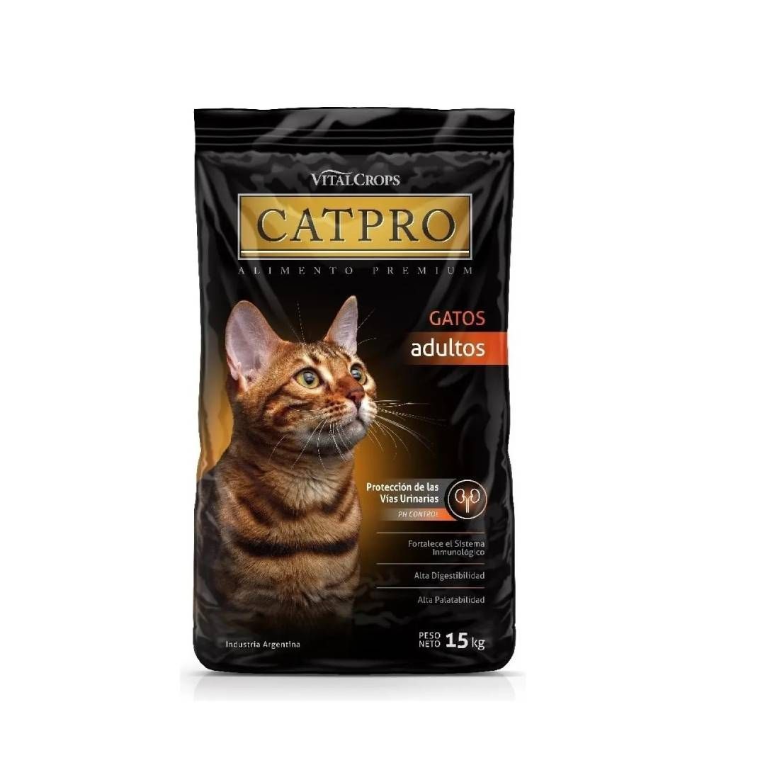 Bolsa de comida para gatos adultos Black CatPro con un gato atigrado en la parte delantera y detalles dorados.