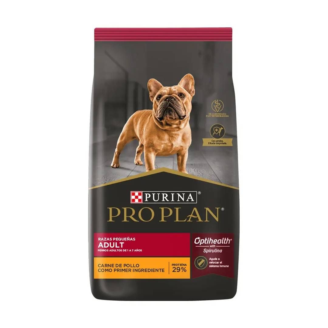 Bolsa de comida para perros Purina Pro Plan con un bulldog francés en un paquete negro y rojo.