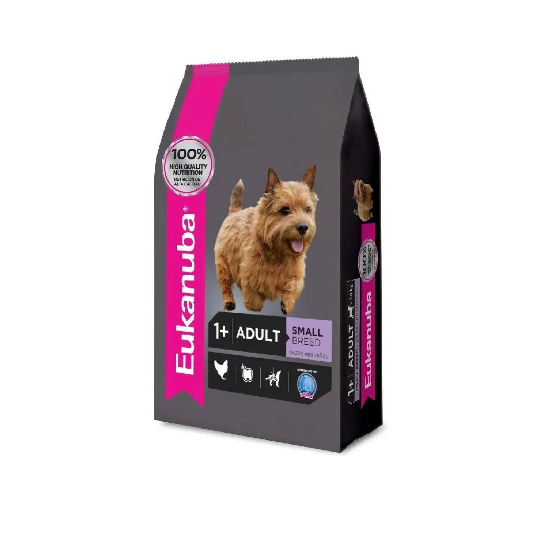 Bolsa de comida para perros pequeños adultos Eukanuba con un Yorkshire terrier en la parte delantera, envase negro y magenta.
