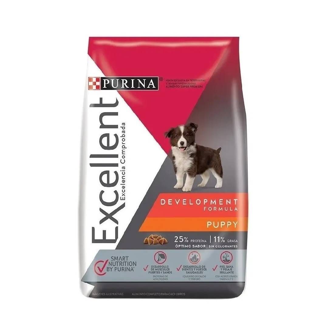 Bolsa de comida para cachorros Purina Excellent en rojo, blanco y gris con un cachorro en la parte delantera.