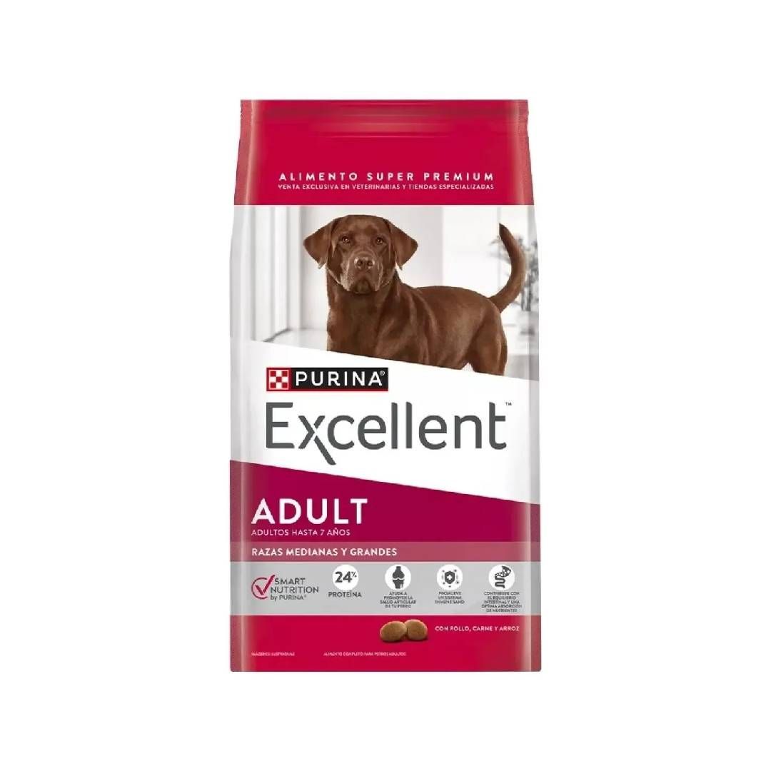 Bolsa de comida para perros Purina Excellent Adult con un perro marrón sobre un paquete rojo y blanco.