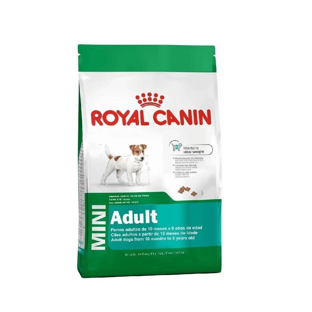 Bolsa de comida para perros Royal Canin Mini Adult, envase blanco y verde con la ilustración de un perro pequeño.