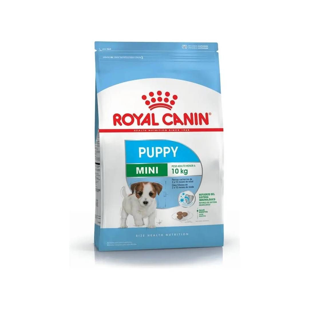 Bolsa de comida para perros Royal Canin Puppy Mini, envase blanco y azul con la foto de un cachorro pequeño.
