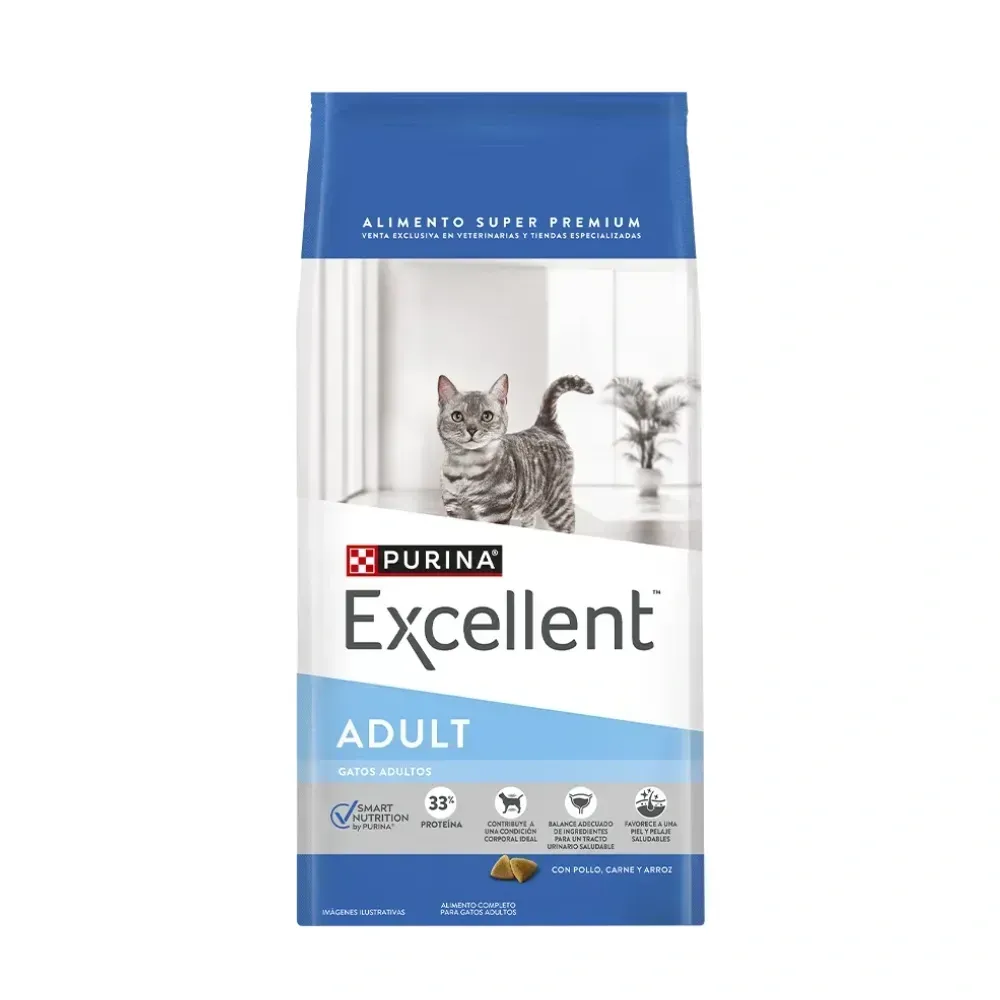 Bolsa de comida para gatos Purina Excellent Adult, envase azul y blanco con la imagen de un gatito.