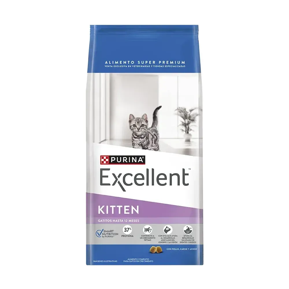 Bolsa de comida seca para gatitos Purina Excellent en envase azul y blanco con la foto de un gatito.