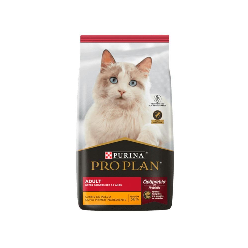 Bolsa de comida para gatos adultos Purina Pro Plan con sabor a pollo y un gato blanco en la parte delantera.