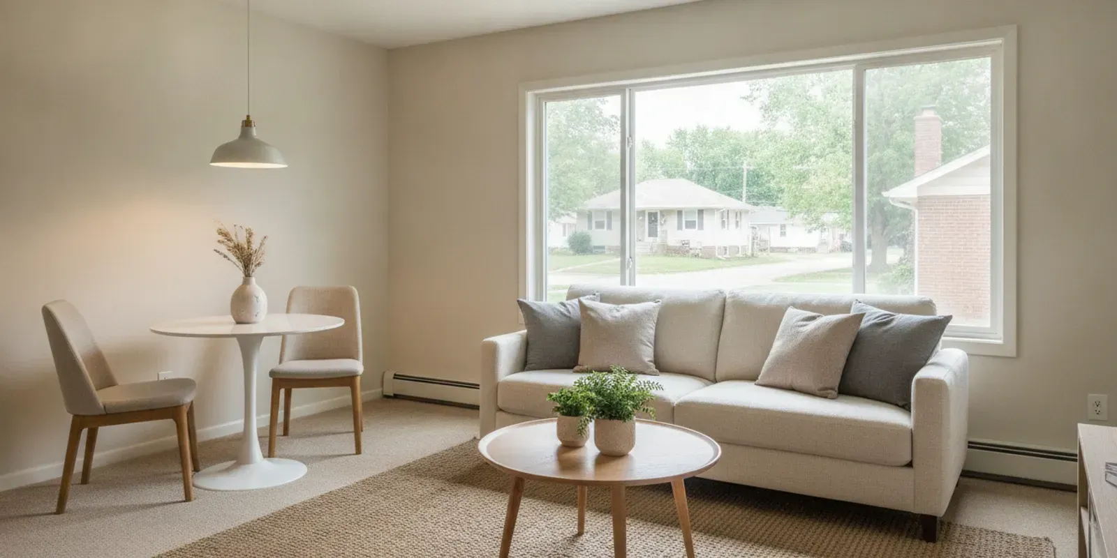 Bright, simply furnished apartment living room with natural light and windows, viewed from the entry