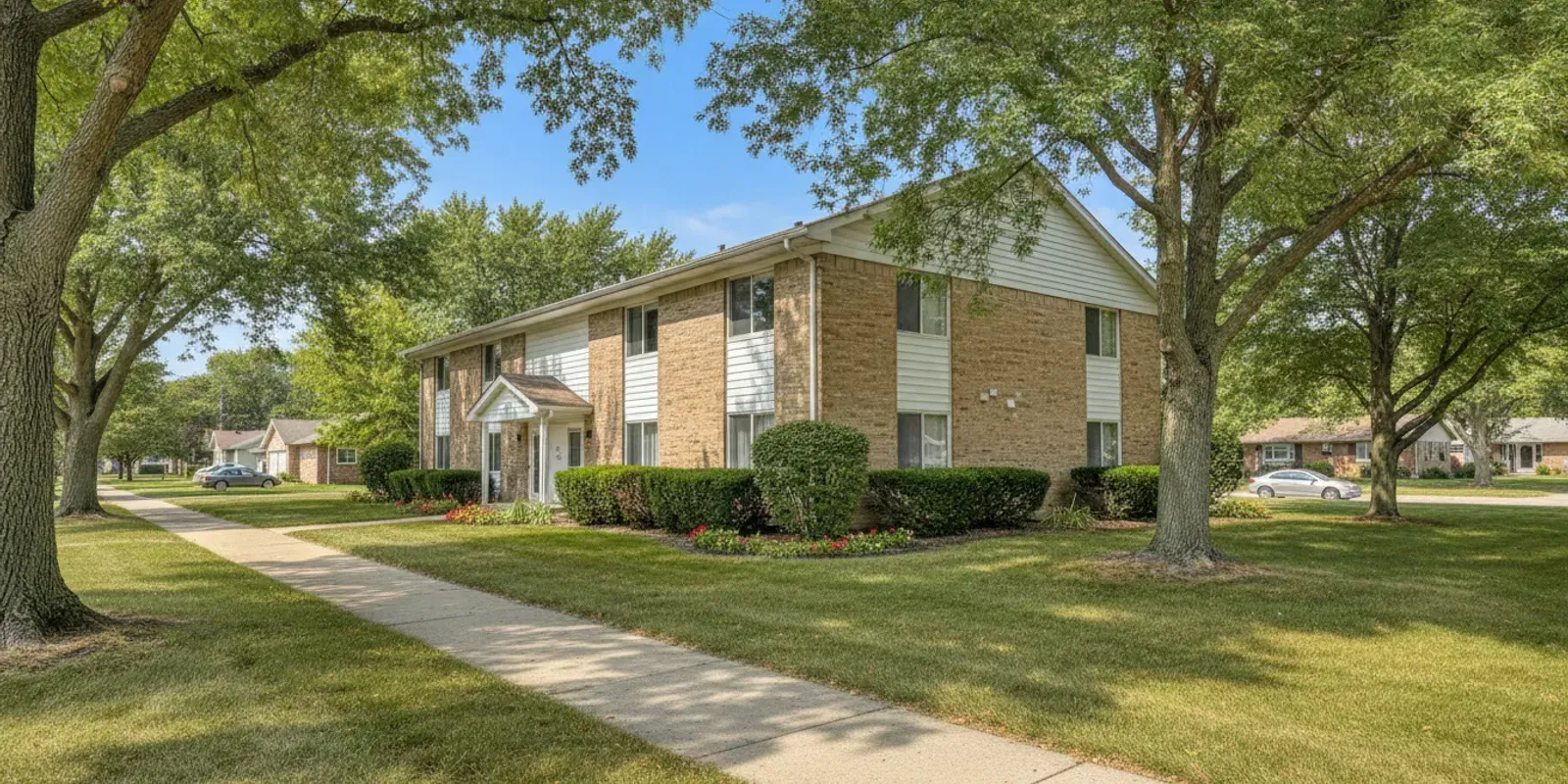 Apartment building in Bettendorf, Iowa, viewed from a quiet residential walkway