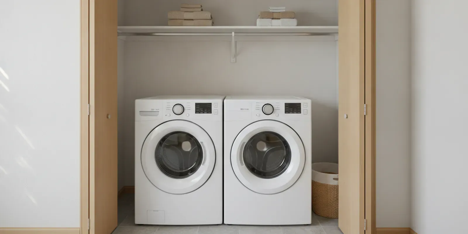 Washer and dryer tucked into a clean apartment laundry closet