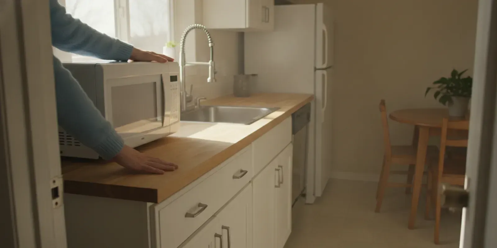 A renter checking a clean kitchen countertop and microwave in an apartment