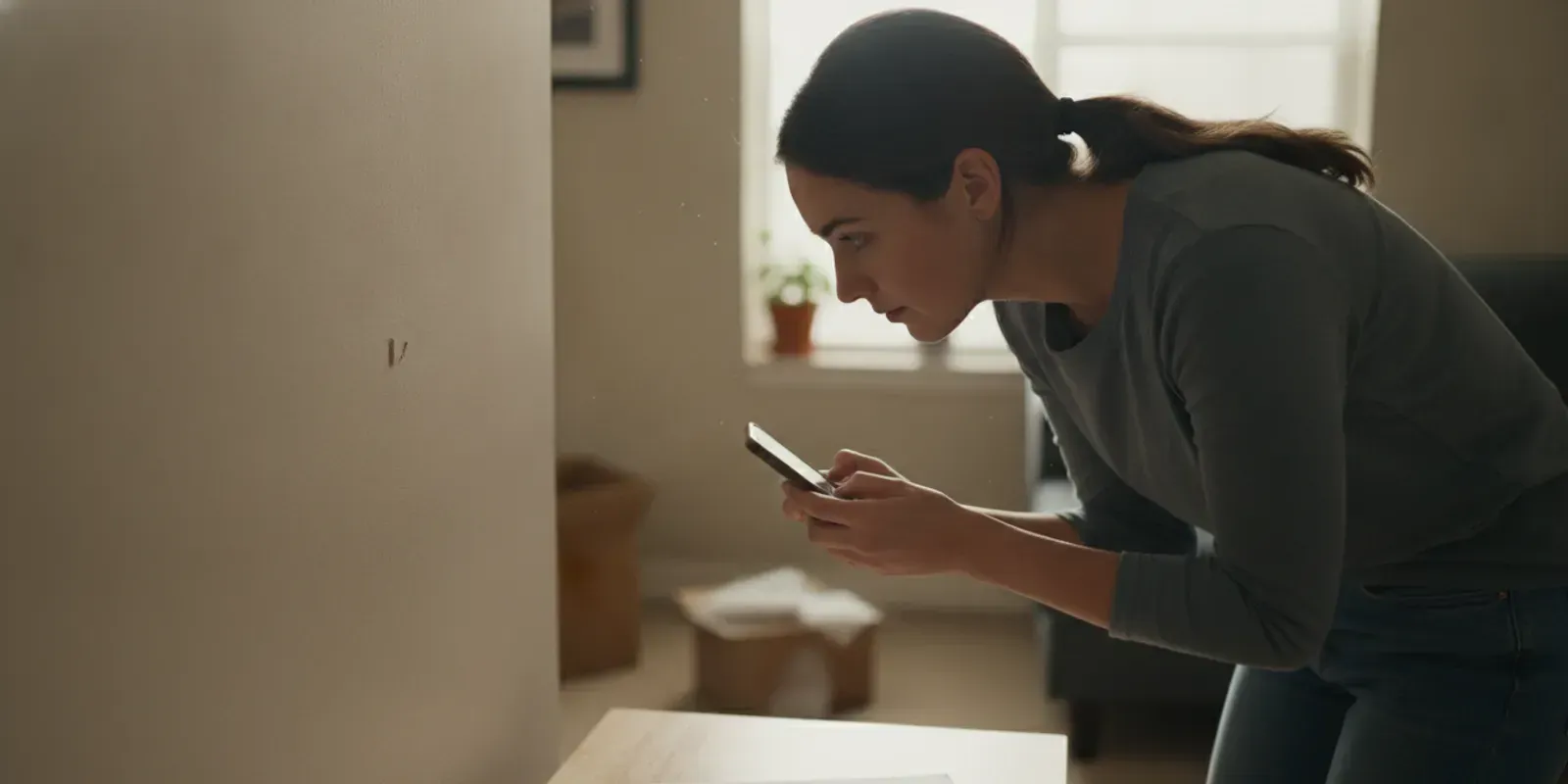 Renter photographing an apartment wall and checking a move-in inspection form