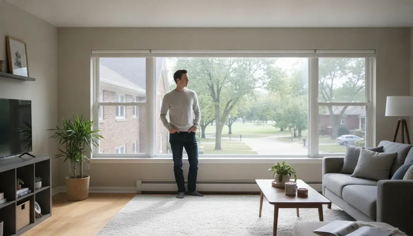 Prospective renter assessing a bright, well-maintained Midwestern apartment