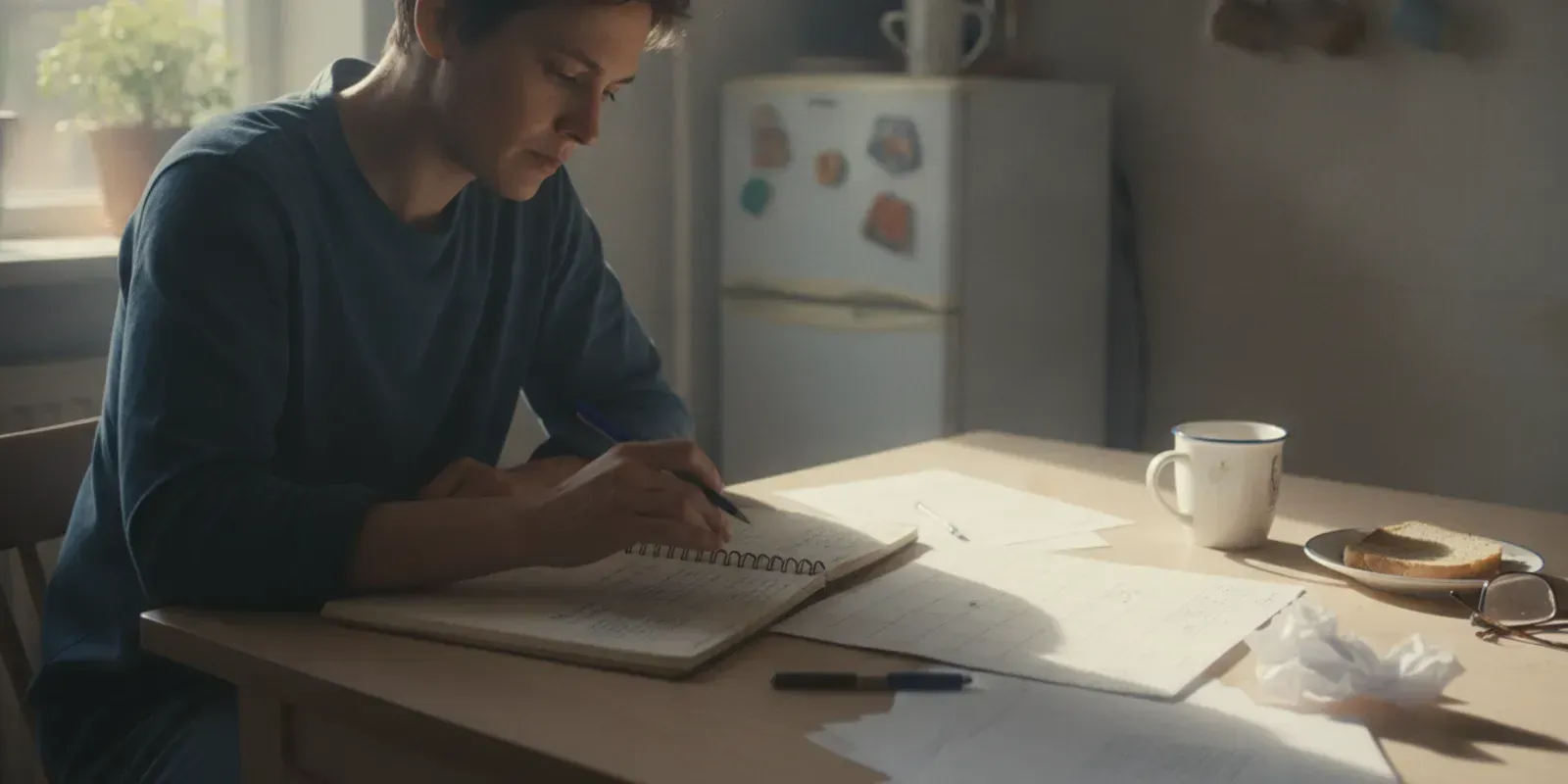 Renter reviewing an apartment search calendar and rental notes at a kitchen table