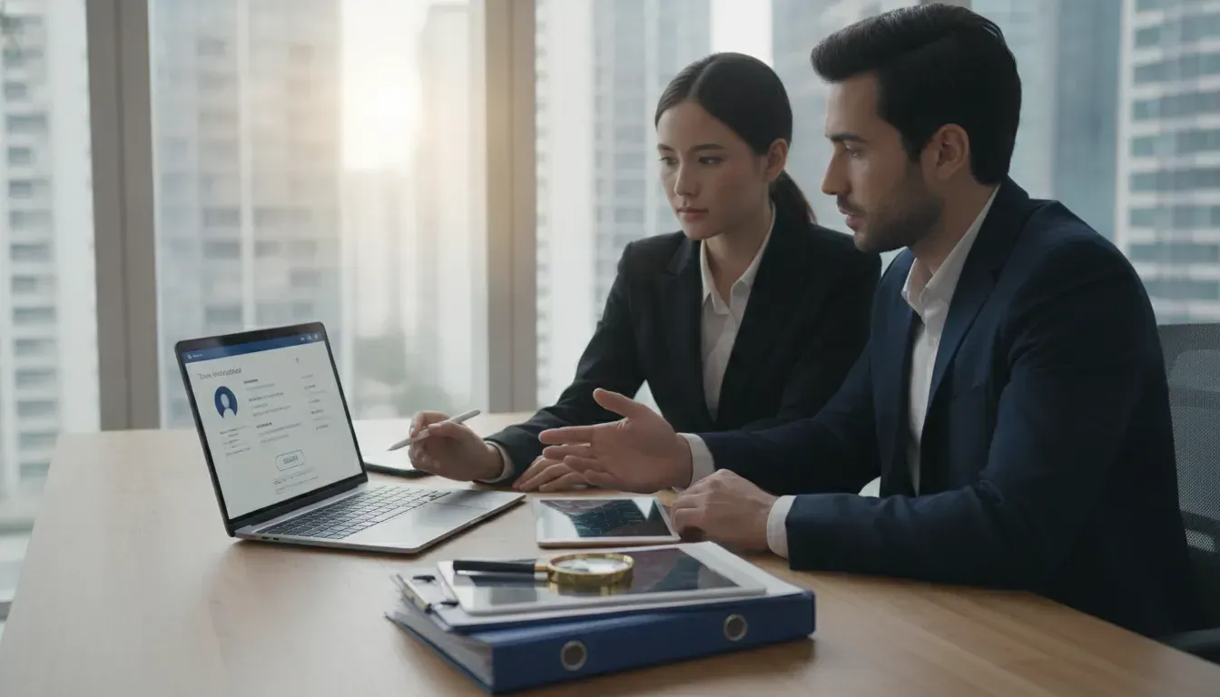A landlord does a background check on a potential tenant using an online screening service on a lapt