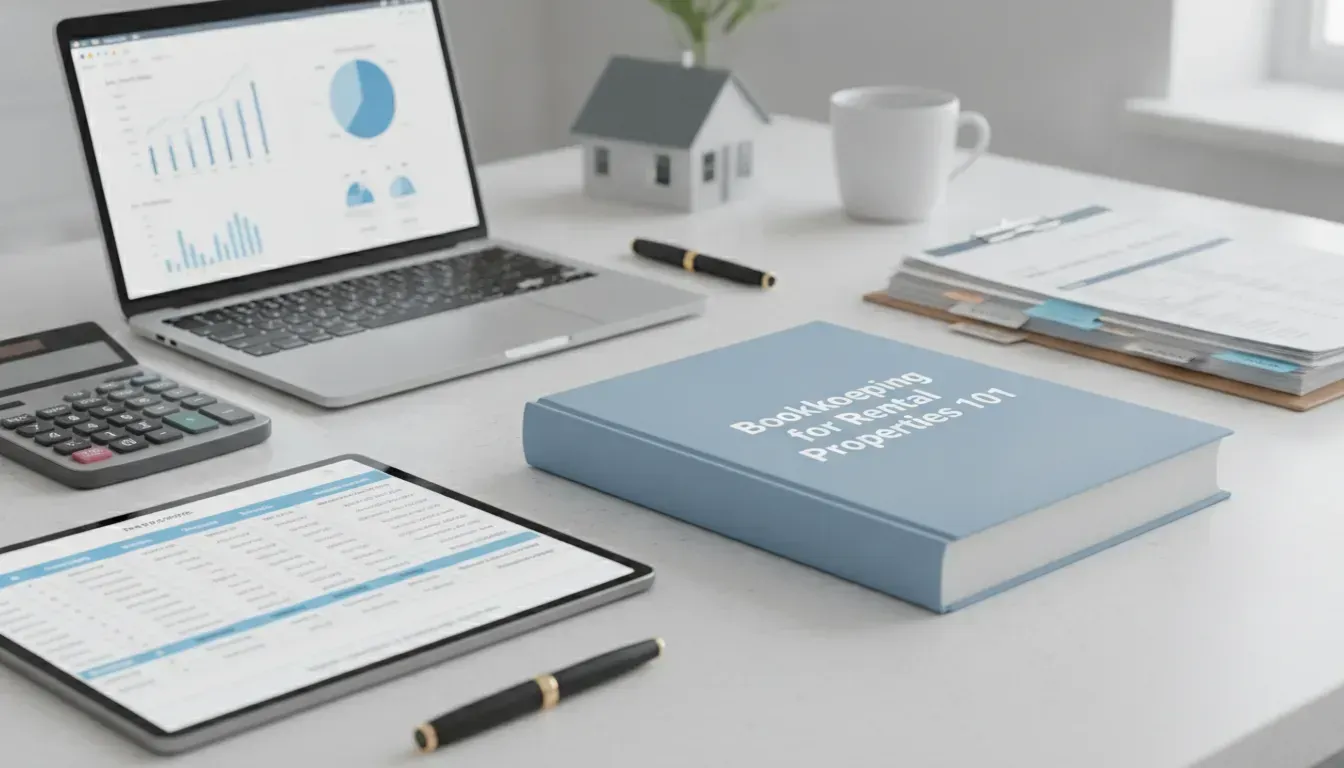 Bookkeeping for rental properties with a laptop, calculator, and financial documents on a desk.