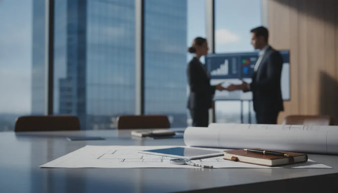 Property owner and manager shaking hands over a building management services contract.