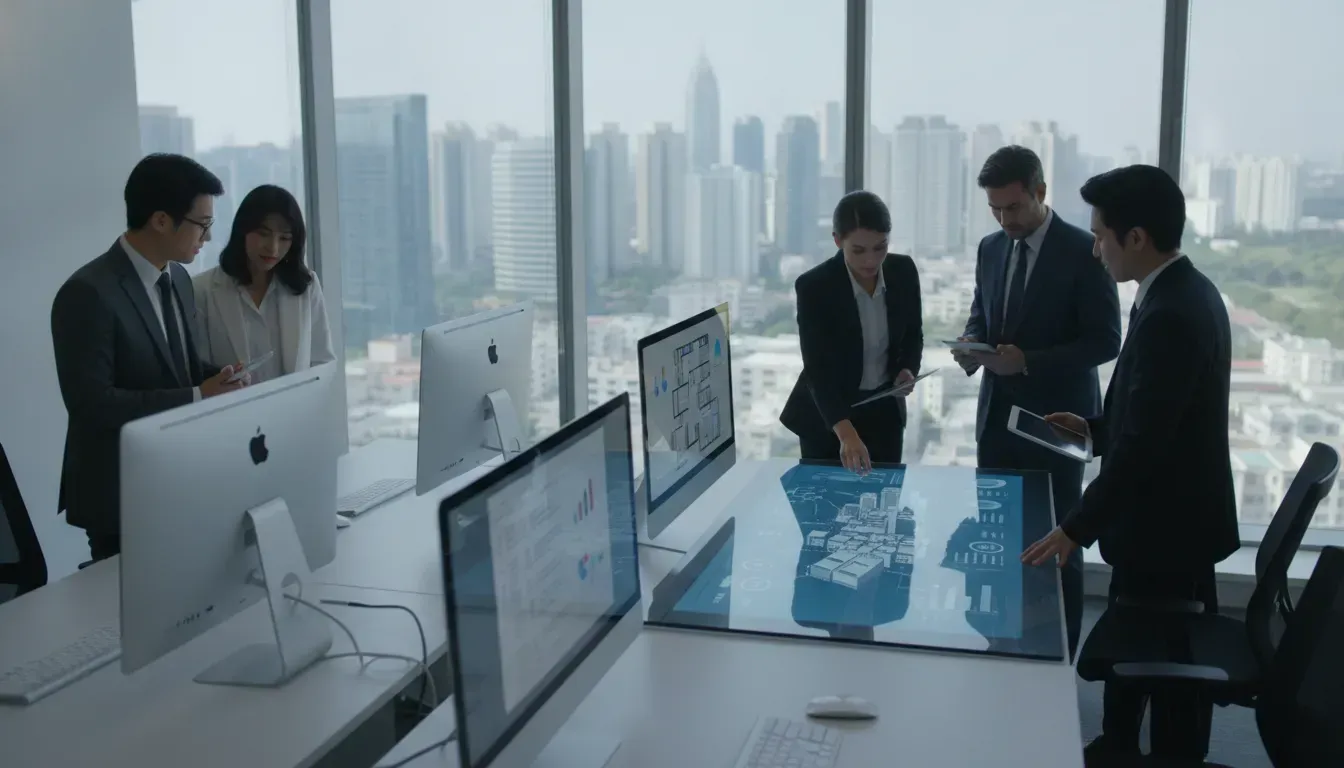 Business team discussing enterprise property management with digital tools.