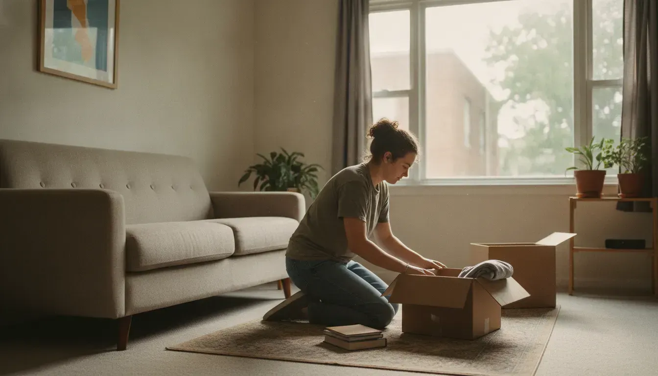 A renter unpacks boxes in a bright Ames apartment living room