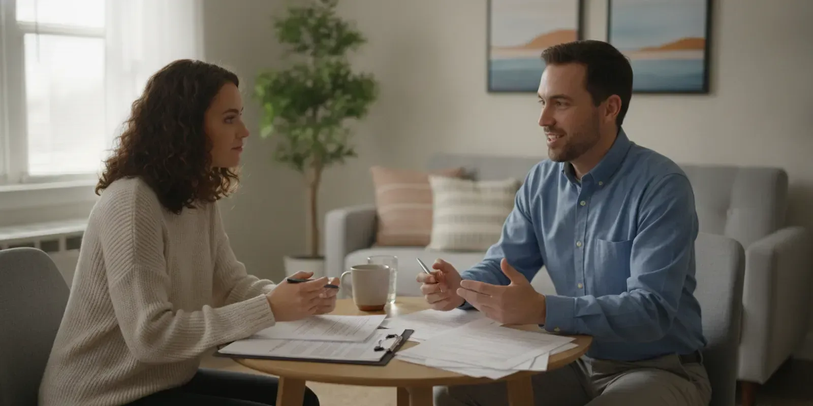 Renter reviewing an apartment lease with a leasing representative at a table