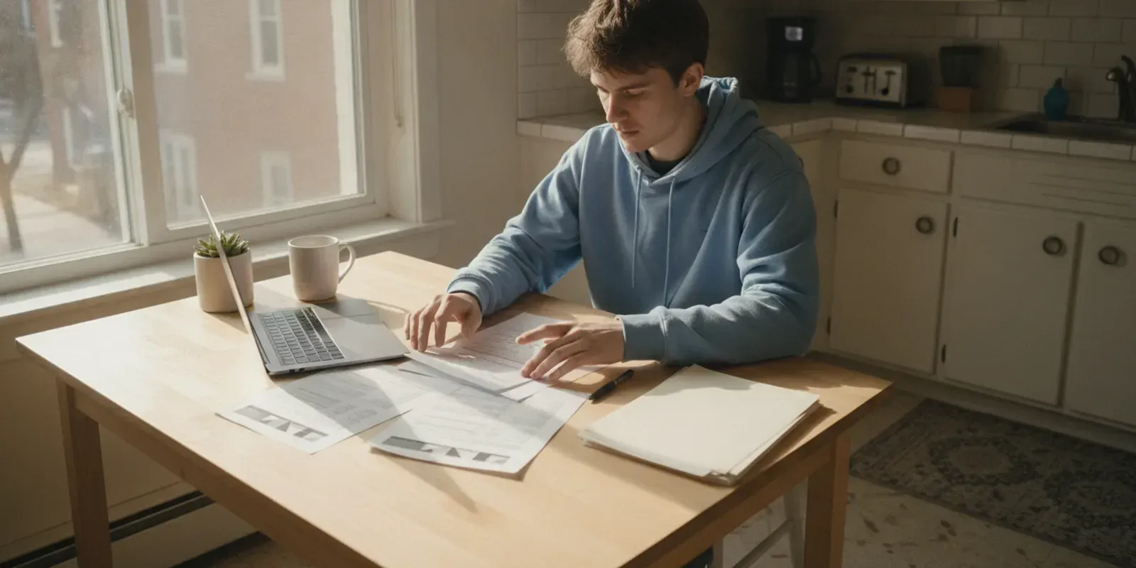 Renter reviewing an insurance policy and apartment lease at a kitchen table