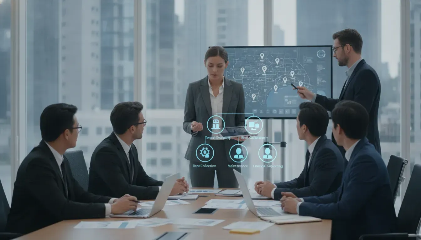 Property management company discussing how their services work in a modern office.