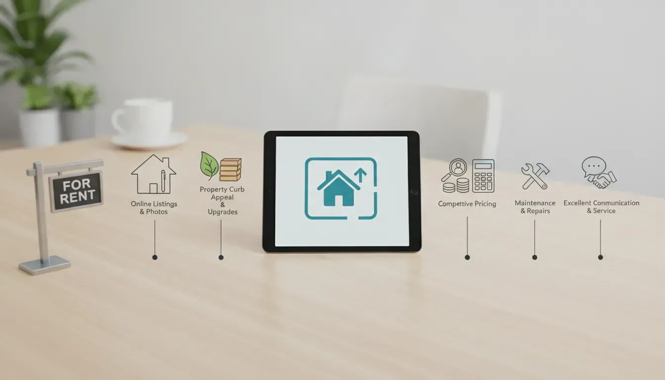 For rent sign, tablet with house icon, and rental property marketing icons.