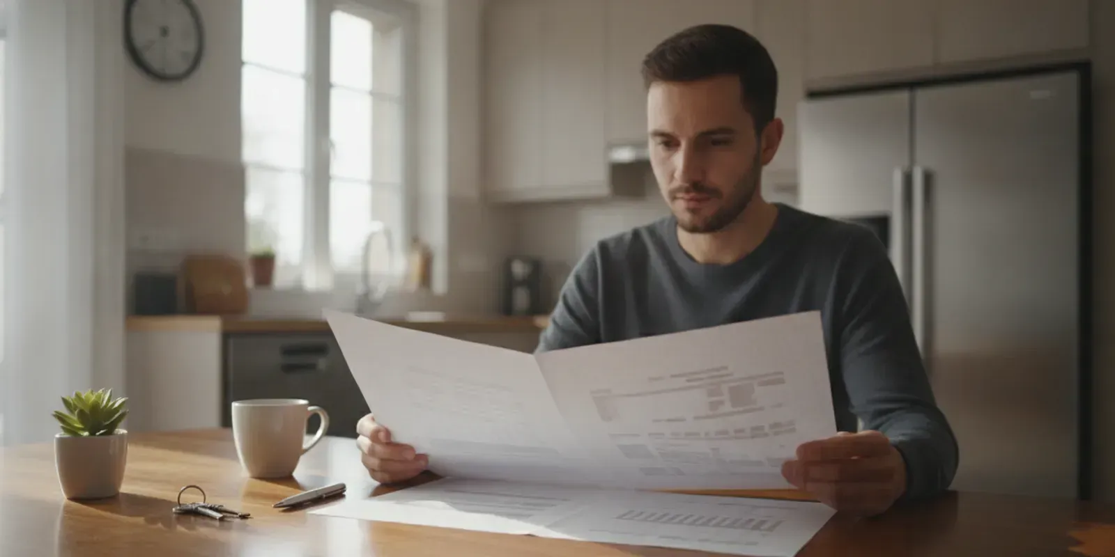 Renter reviewing a lease document at a kitchen table