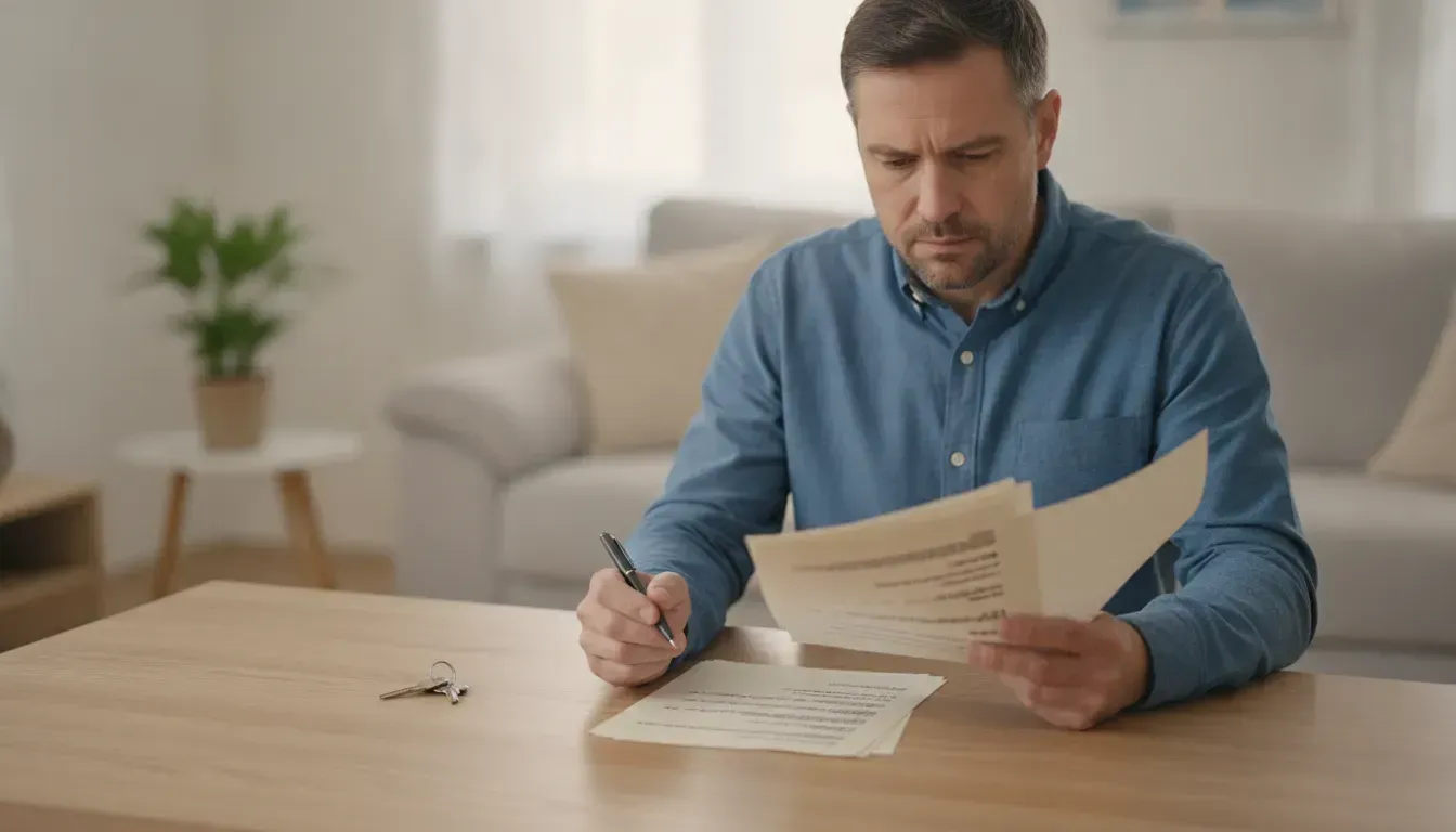 Renter reviewing an apartment lease with a pen and keys at a kitchen table