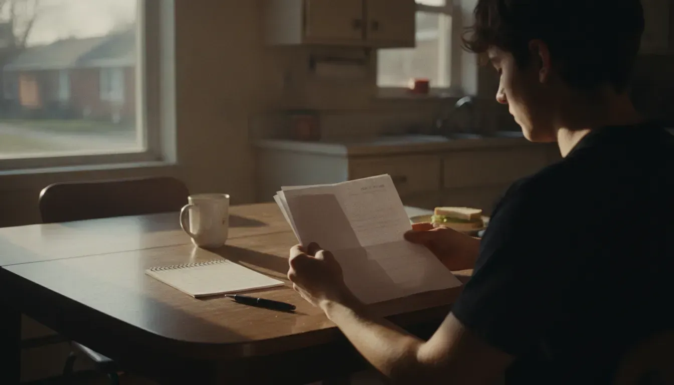 Renter reviewing a lease packet and calendar at a kitchen table