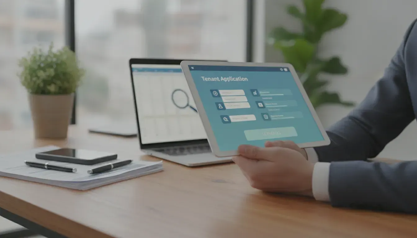 Person completing an online tenant application and screening on a tablet beside a laptop and documen
