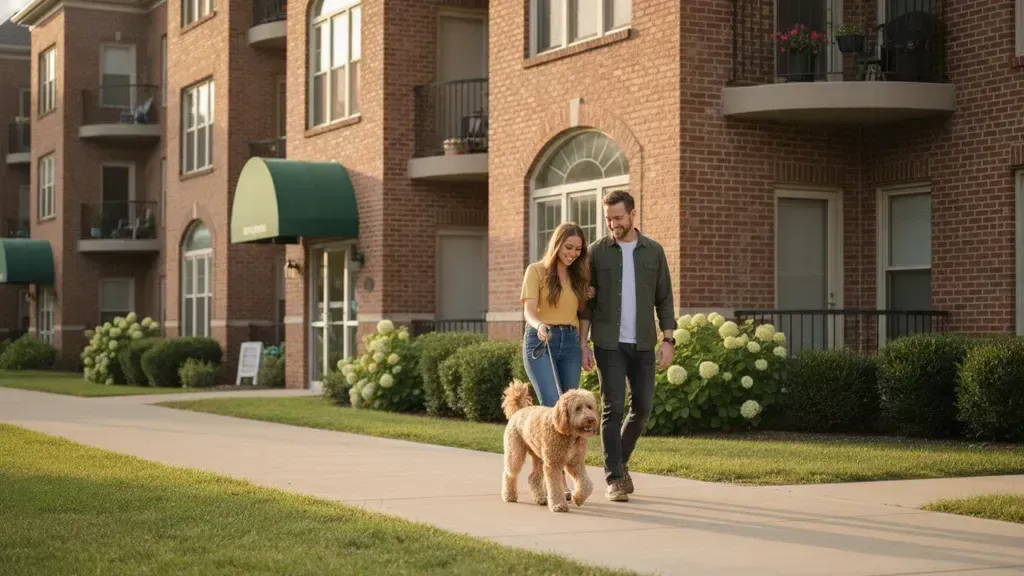 Couple walking a dog beside a well-maintained apartment building