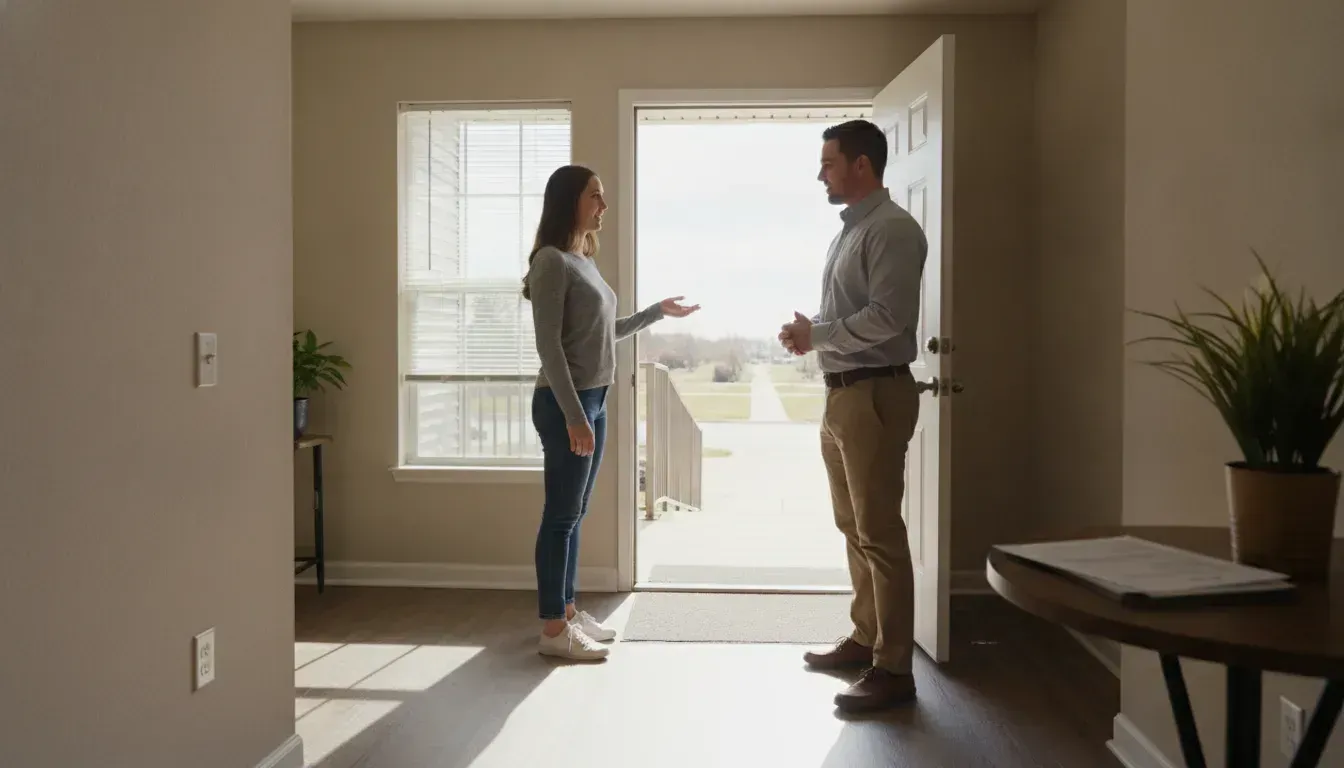 Renter discussing an accessible apartment entry with a leasing professional