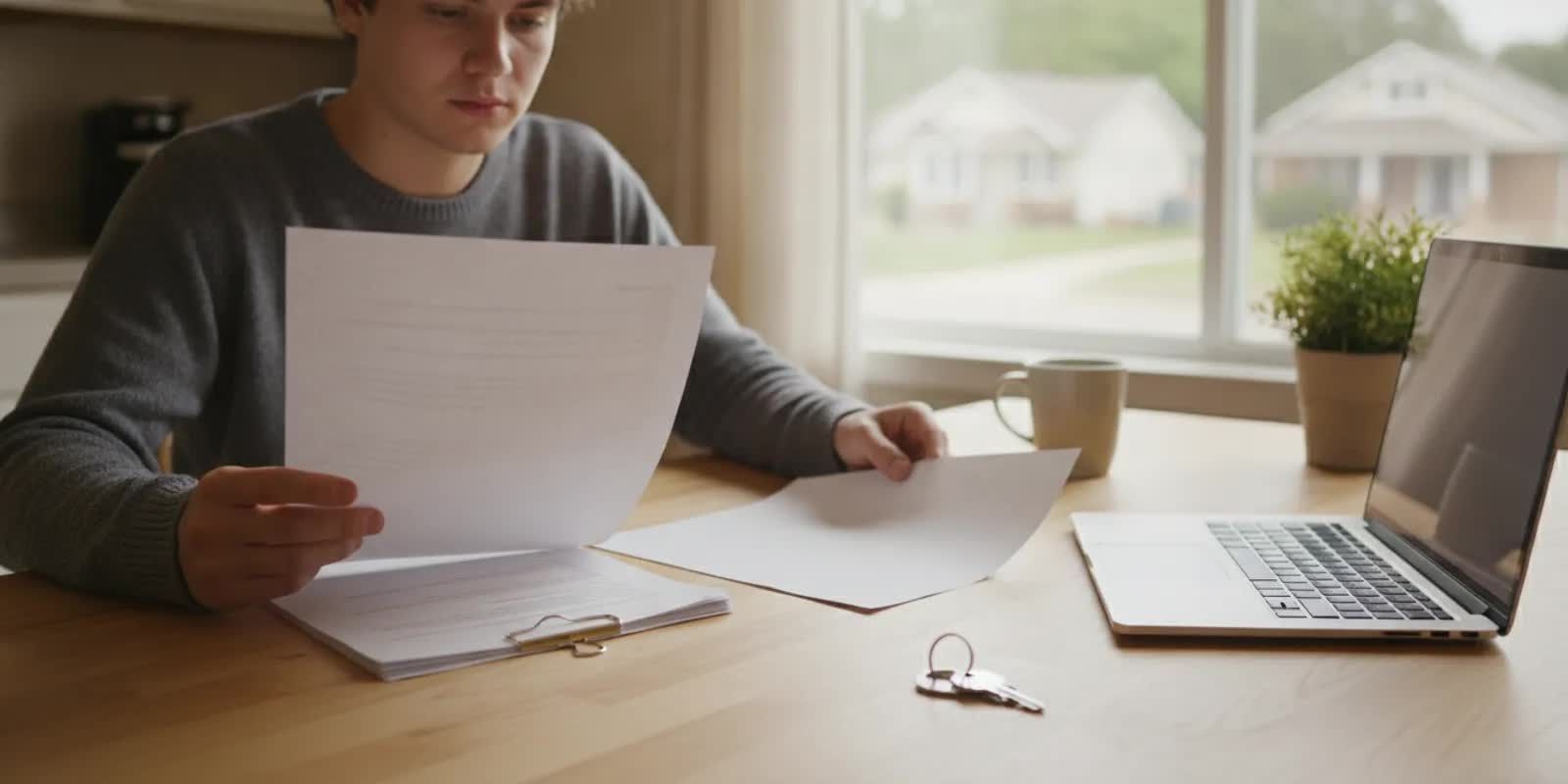 Renter reviewing apartment insurance documents at a kitchen table