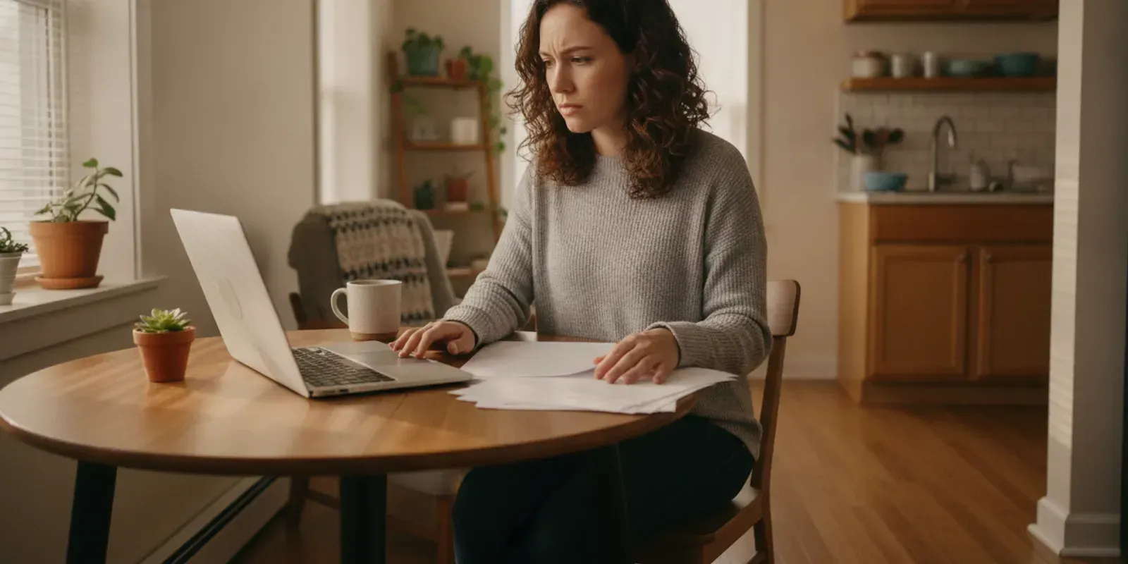 Renter reviewing a renters insurance policy at a kitchen table in a modest apartment