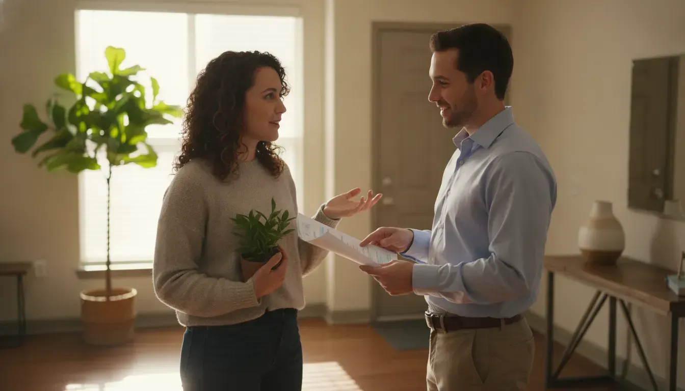 Renter and leasing professional reviewing security deposit alternatives in a bright apartment