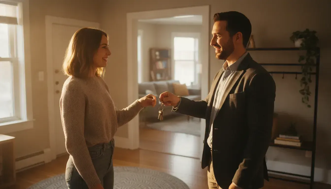 Renter and leasing professional completing a security deposit key handoff in a bright apartment