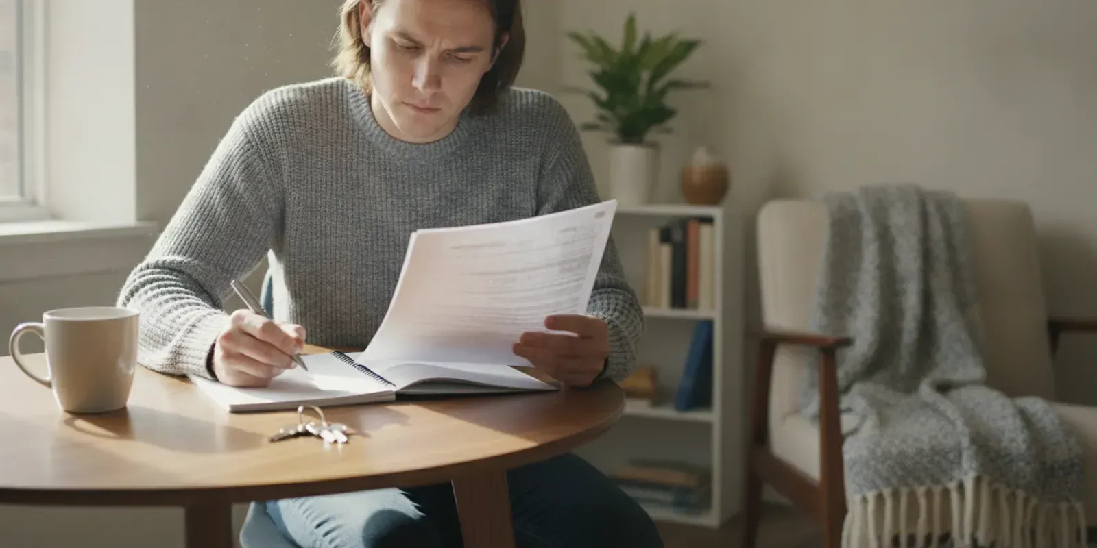 Renter reviewing a lease and notes at a kitchen table in a bright apartment