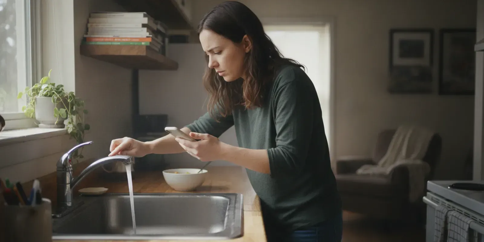 A renter checks a kitchen sink and notes a maintenance concern in a clean apartment.