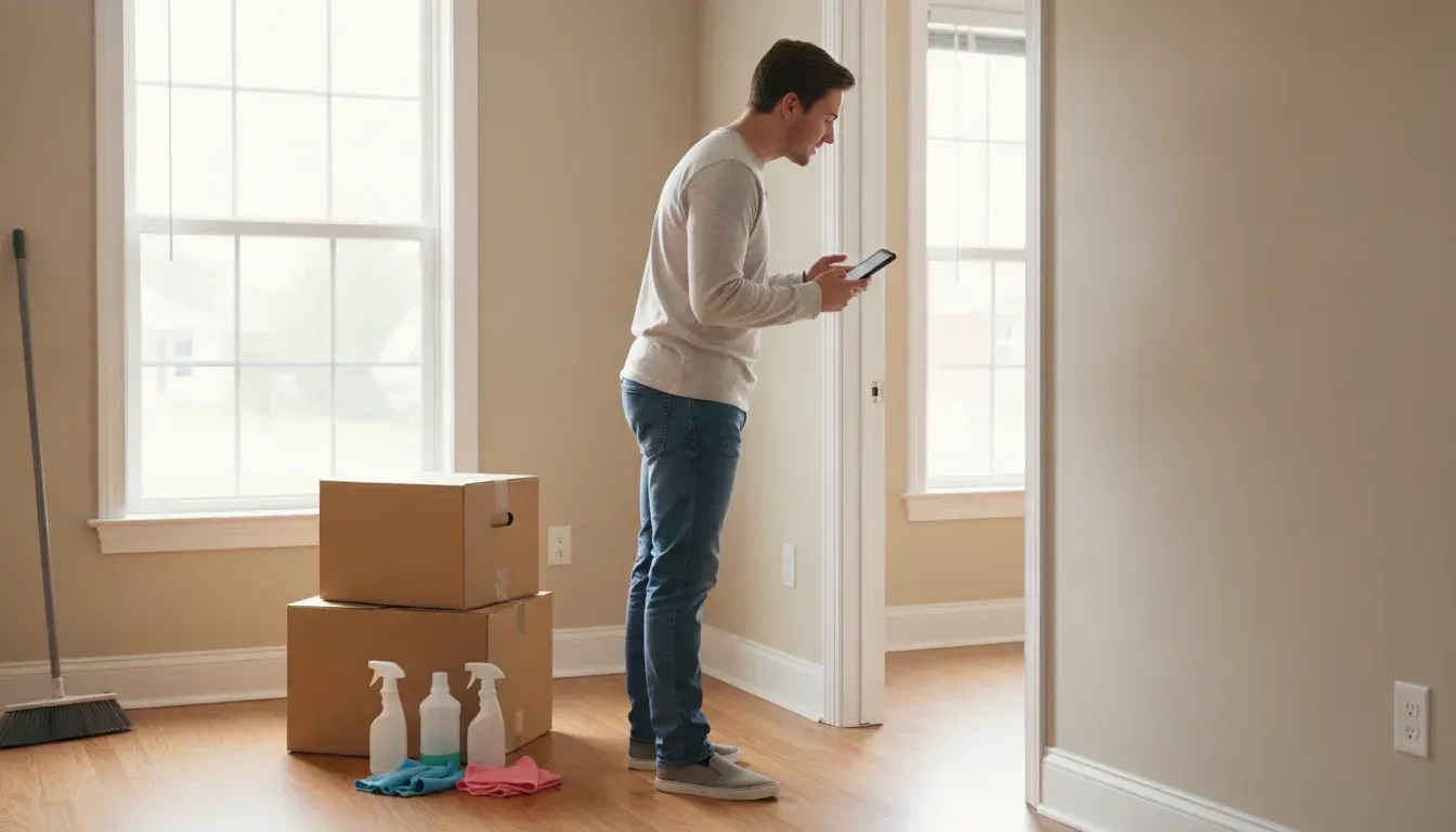 Renter preparing an apartment for move-out with boxes and cleaning supplies