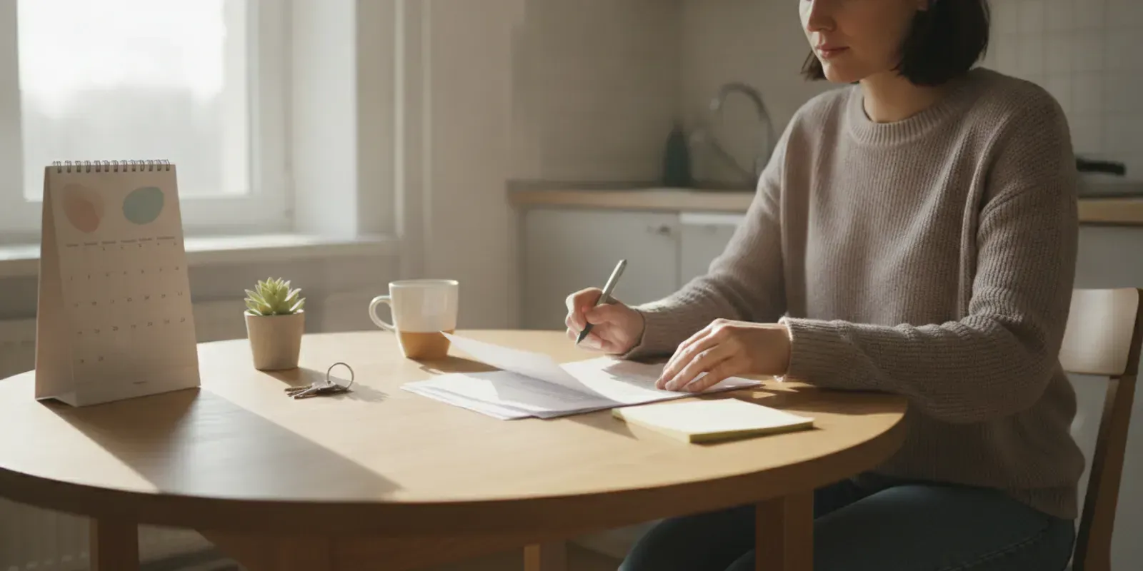 Renter reviewing a lease and a written notice at a kitchen table