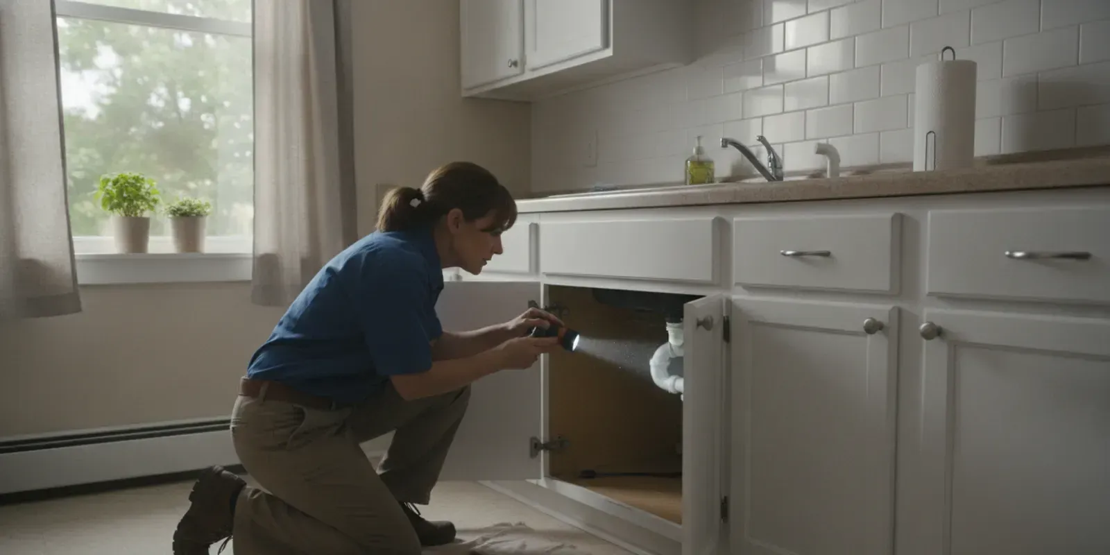 Maintenance professional checking a kitchen sink in a well-kept apartment