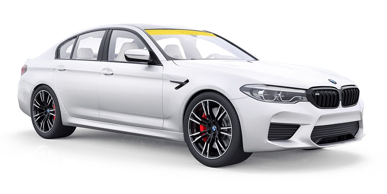 a white bmw with a yellow stripe on the windshield