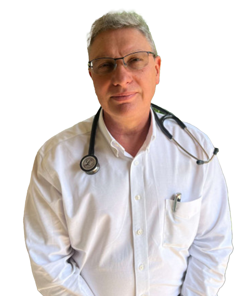 A person in a white button-down shirt wearing glasses and a stethoscope around their neck against a white background.